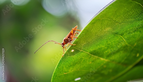 A Small Brown Insect Clings To A Vibrant Green Leaf Blurred Background Of Foliage Creates A Natural Bokeh Effect