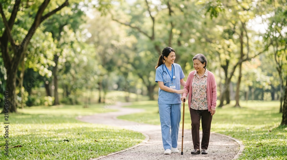 Obraz premium caregiver elderly woman receiving assistance and support as they walk together on a path in a park, forming a meaningful bond and holding hands