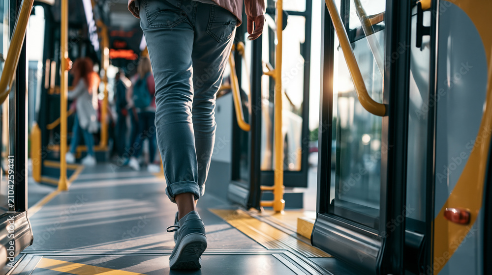 Obraz premium Lower body view of a passenger walking along the aisle inside a modern city bus with handrails and empty seats.
