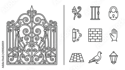 Ornate Wrought Iron Gate and Architectural Element Icons