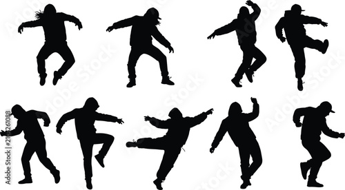 Fotografía Black silhouette dance poses vector set with energetic movement, hip-hop choreog