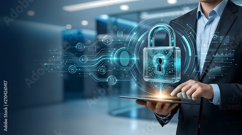 Businessman using tablet with glowing cyber security shield and padlock hologram indicating enterprise data protection and IT network safety.