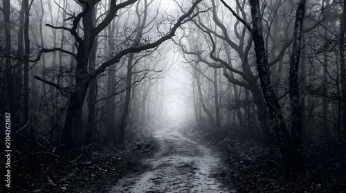 Eerie forest path in dense fog a dramatic landscape scene