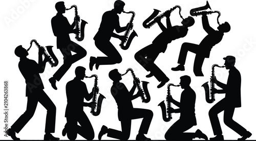 Canvas Print Dynamic jazz band silhouette musicians performing energetic instrumental music