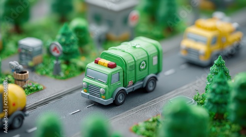 Miniature Green Recycling Truck in Toy City Landscape