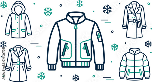 Quadro su tela Winter jacket line icon vector set featuring bomber jacket puffer coat parka and trench coats with snowflakes design elements