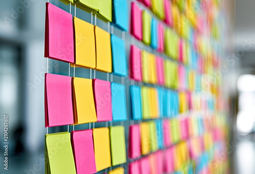 Many colorful adhesive notes arranged in a grid on a wall