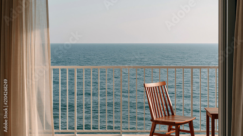 Peaceful ocean view from a modern balcony with wooden chair, relaxing coastal vacation scene featuring a serene sea horizon and minimalist resort lifestyle