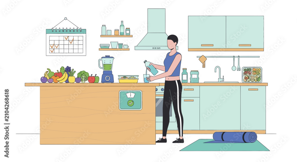 Fototapeta premium Woman preparing healthy smoothie in kitchen, fitness lifestyle, fruits, blender, yoga mat