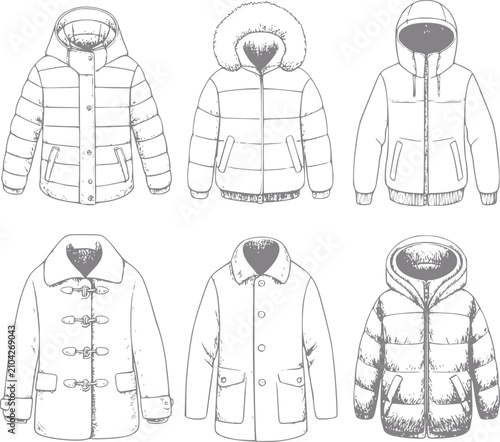 Fotografía Colección de chaquetas de invierno dibujadas a mano con varios estilos de abrigo