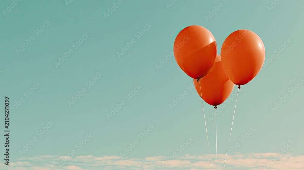 Fototapeta premium Three bright orange balloons float against a pale blue sky with wispy clouds