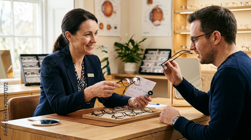 Optometrist shows eyeglasses to male patient in optical shop