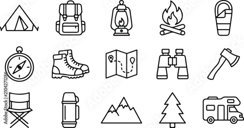 Foto Camping and outdoor activity line icon set for hiking and travel