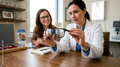 Optometrist shows eyeglasses to female patient at desk