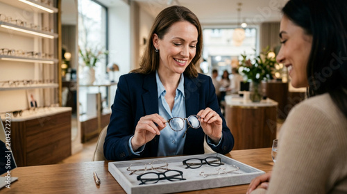 Optometrist showing glasses to customer in optical shop