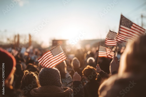 Waving united states flags amidst large outdoor patriotic assembly with american patriotism assembly celebration democracy independence nationalism community sunlight outdoors activism