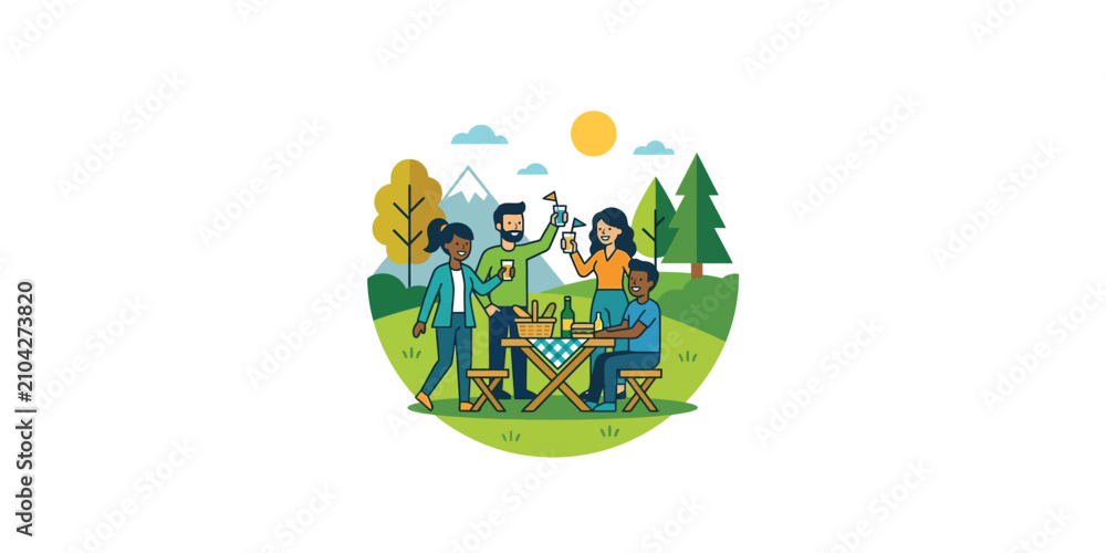 Fototapeta premium A diverse group of friends having a picnic together outdoors.