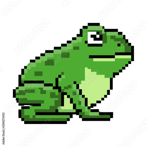 Green pixel frog character, retro platform game sprite 8-bit design