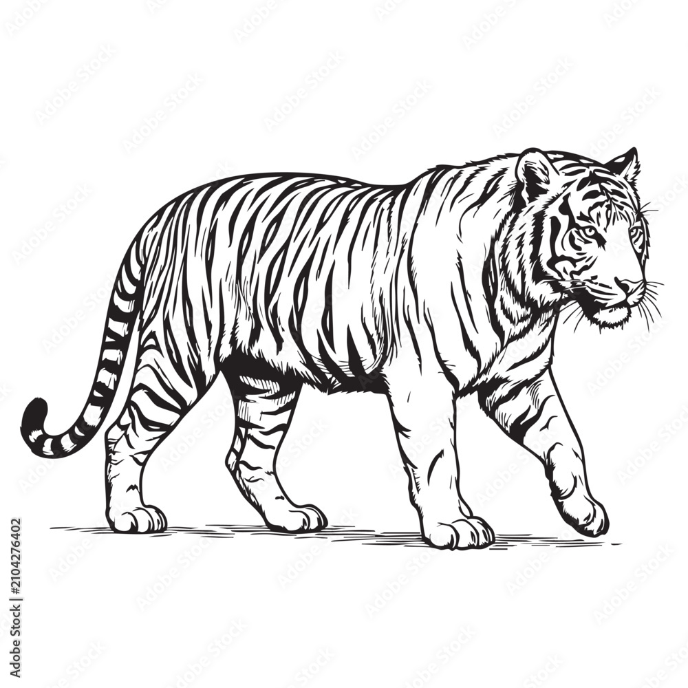 Fototapeta premium Black and White Walking Tiger Line Art Vector Illustration