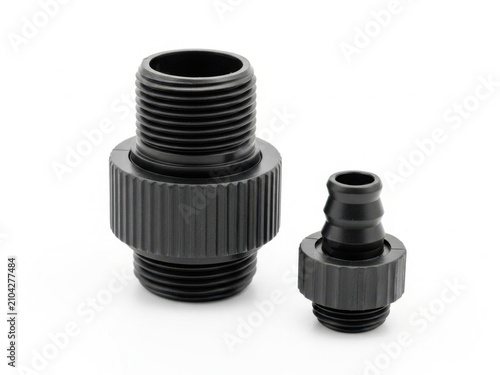 Black plastic hose adapter with threaded connection and barbed fitting