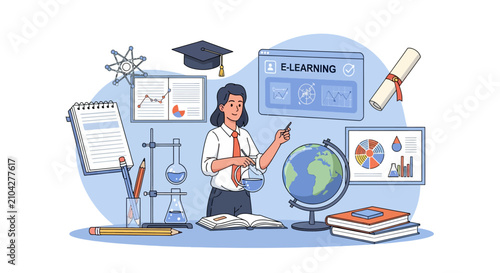 Female teacher instructing students with science and education elements.