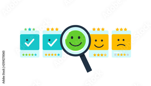 Magnifying glass searching for positive customer feedback and ratings