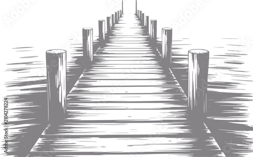 Bild auf Leinwand Un dibujo a mano de un muelle de madera que se extiende en la distancia con líne