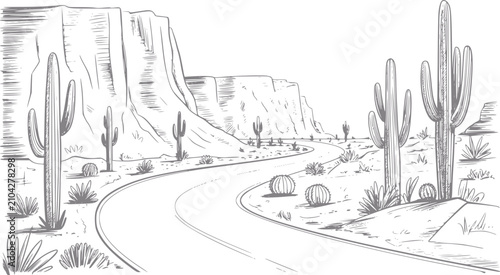Fotografie Un dibujo a mano de un camino sinuoso a través de un paisaje desértico con cactu