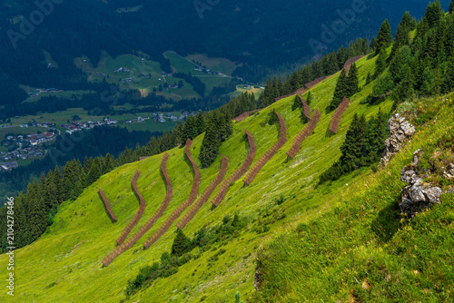 Avalanche barriers on the steep mountain slope above a village in little valley of Walser, Austria in summer, protection and preservation from masses of snow that destroy everything, iron barriers