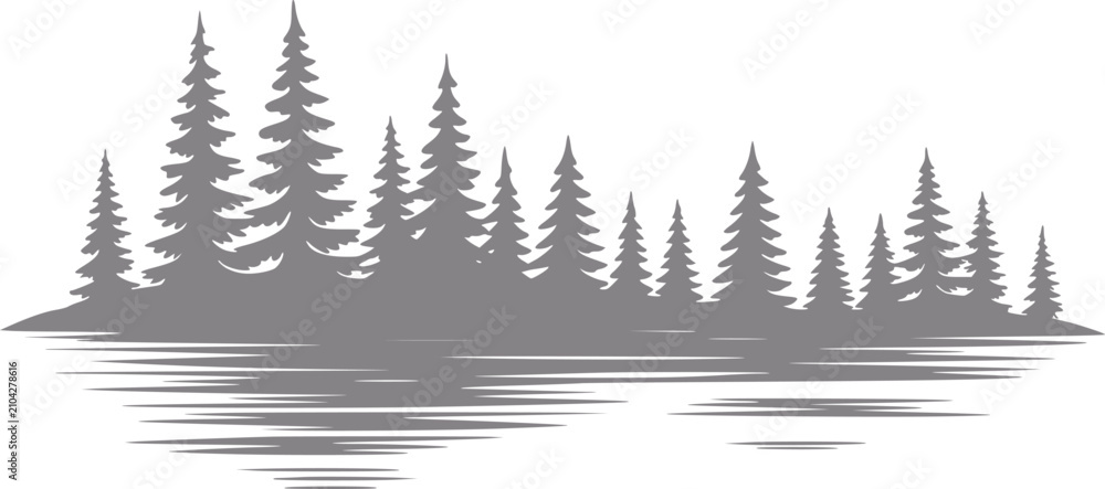 Obraz premium A minimalist gray silhouette of a coniferous pine forest reflected in still water