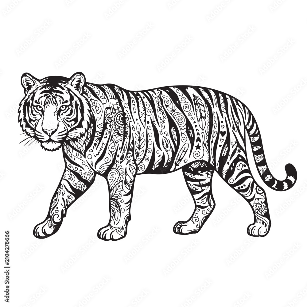 Obraz premium Ornate Tribal Pattern Tiger Line Art Vector Illustration