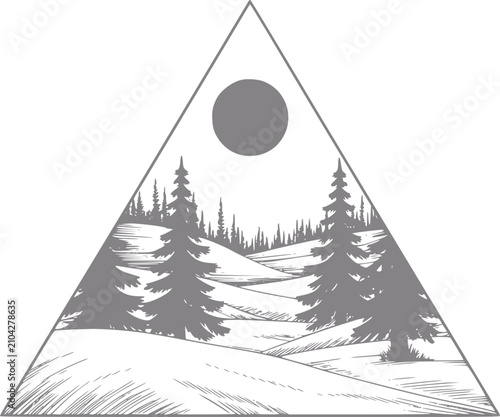 Photos Un dibujo a mano minimalista de un bosque de pinos dentro de un marco triangular