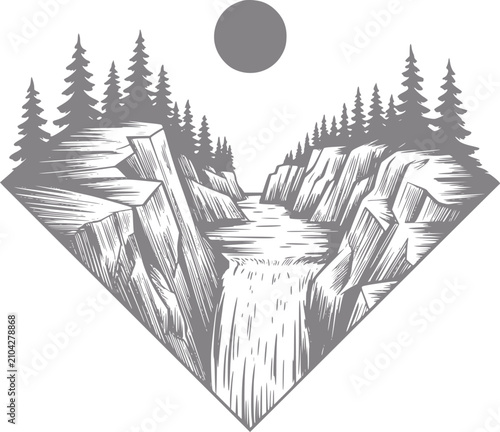 Obraz na płótnie Un monocromo estilizado de una cascada de montaña fluyendo a través de un bosque