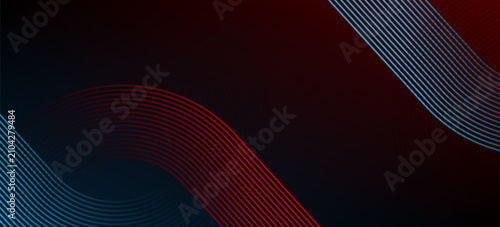 Abstract futuristic technology lines background with red and blue light effect. Gradient circle line pattern design. Glowing lines vector. Modern dark banner template graphic elements.