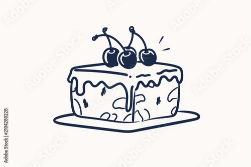 Cake with cherries on top, black and white line art
