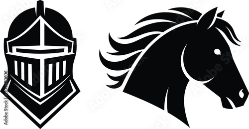 Foto Black and white vector illustration of knight helmet and horse head silhouette for medieval, fantasy, and historical design applications