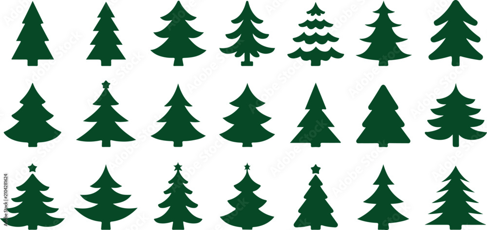 Fototapeta premium Assortment of green Christmas trees, evergreen festive foliage, holiday symbol, winter decoration, pine tree shapes, New Year celebration, seasonal adornment.