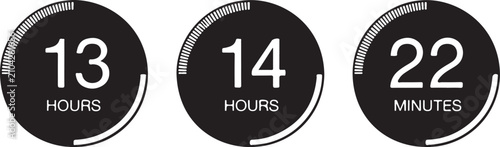 Three circular countdown timers, elapsed time, remaining duration, hours and minutes display, time tracking, clock interface, deadline reminder, completion metric.