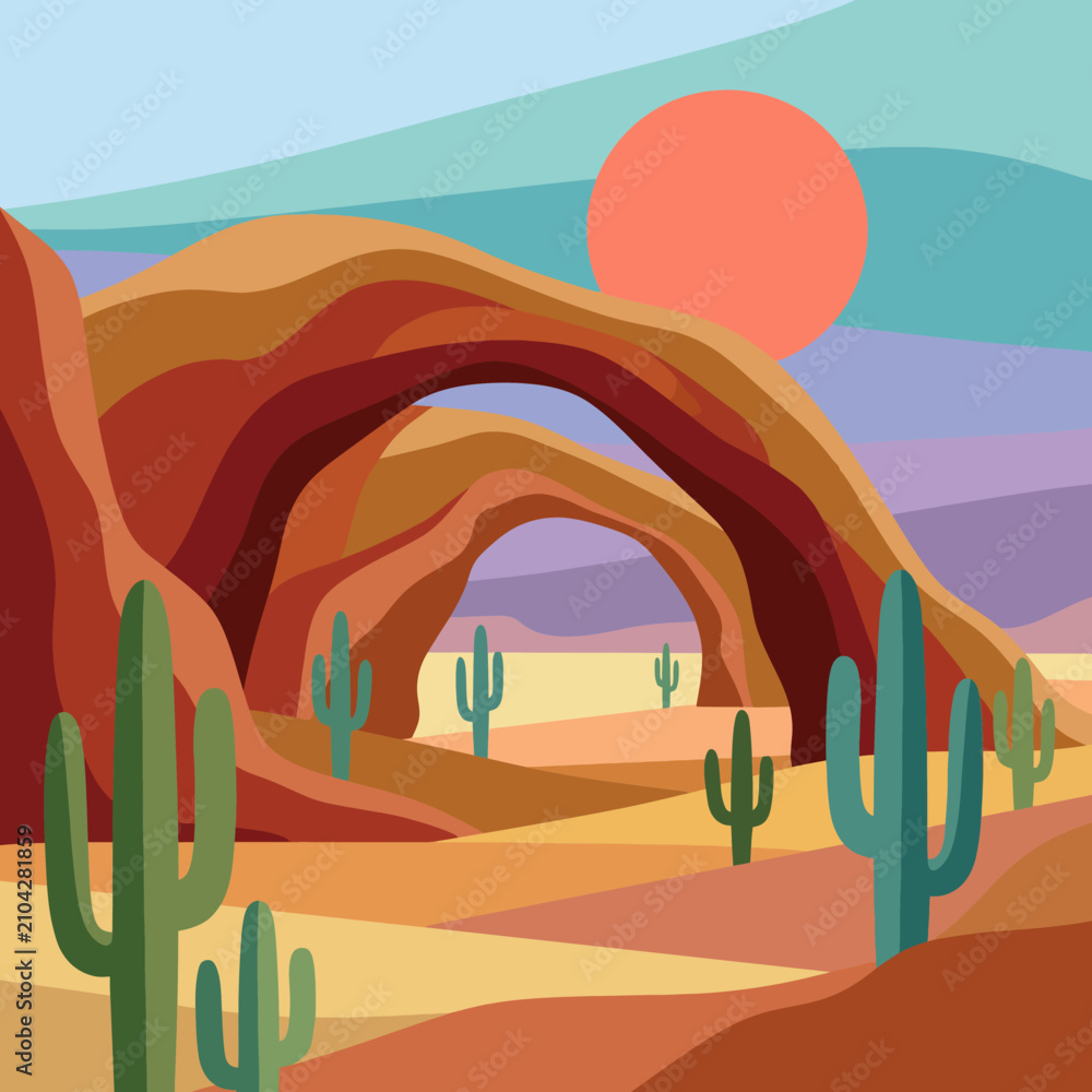 Naklejka premium This striking image depicts a stunning desert landscape featuring natural rock arches against a vibrant sunset, symbolizing resilience and the beauty of nature's artistry.