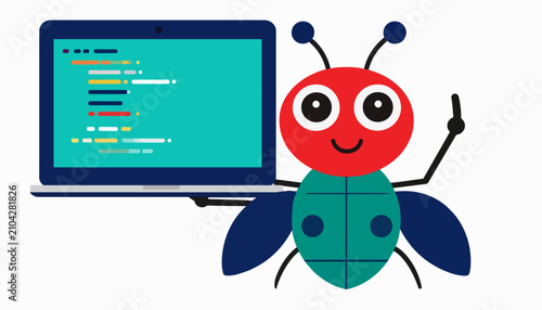 Friendly cartoon bug holding a laptop with programming code on screen