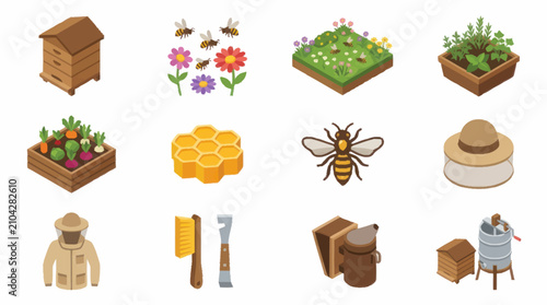 Quadro su tela Colorful Beekeeping and Gardening Illustration Set.