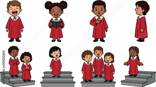 Foto Children Choir Singers Set with Kids in Red Robes Singing Together on Risers Vec