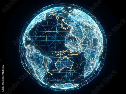 Holographic earth model showcases intricate connection lines and data pathways on a black background.