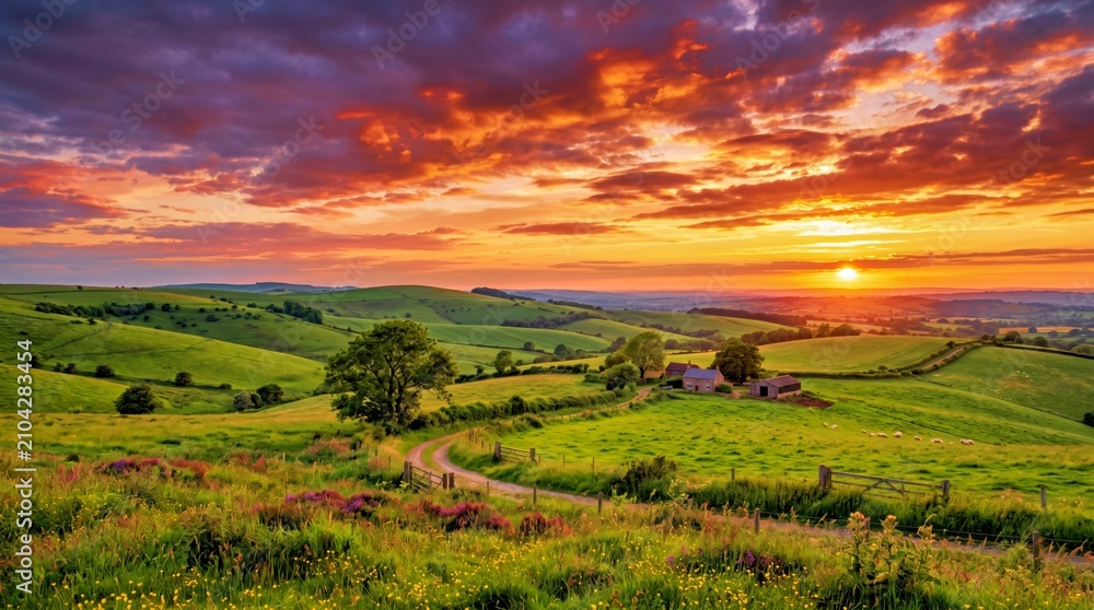 Obraz premium Sunset Over Rolling Hills With Cottage and Grazing Sheep