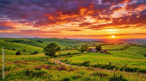 Sunset Over Rolling Hills With Cottage and Grazing Sheep