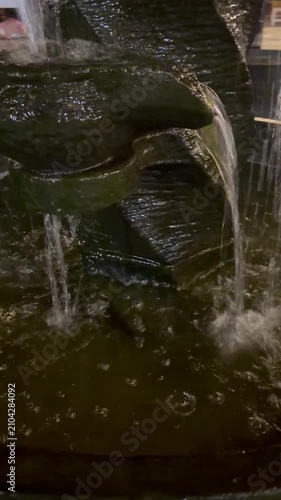 Video footage of a small decorative waterfall flowing through a beautifully landscaped garden.