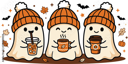 Cute halloween ghost shirt design with autumn drinks perfect for fall spooky season apparel