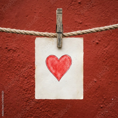 Hand-drawn Red Heart on Paper Hanging on Clothesline with Clothespin