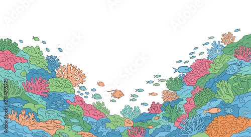 Vibrant hand drawn illustration of a colorful coral reef ecosystem with tropical fish.