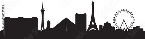 Foto Las Vegas city skyline silhouette featuring famous pyramid hotel eiffel tower replica and observation wheel landmark on background